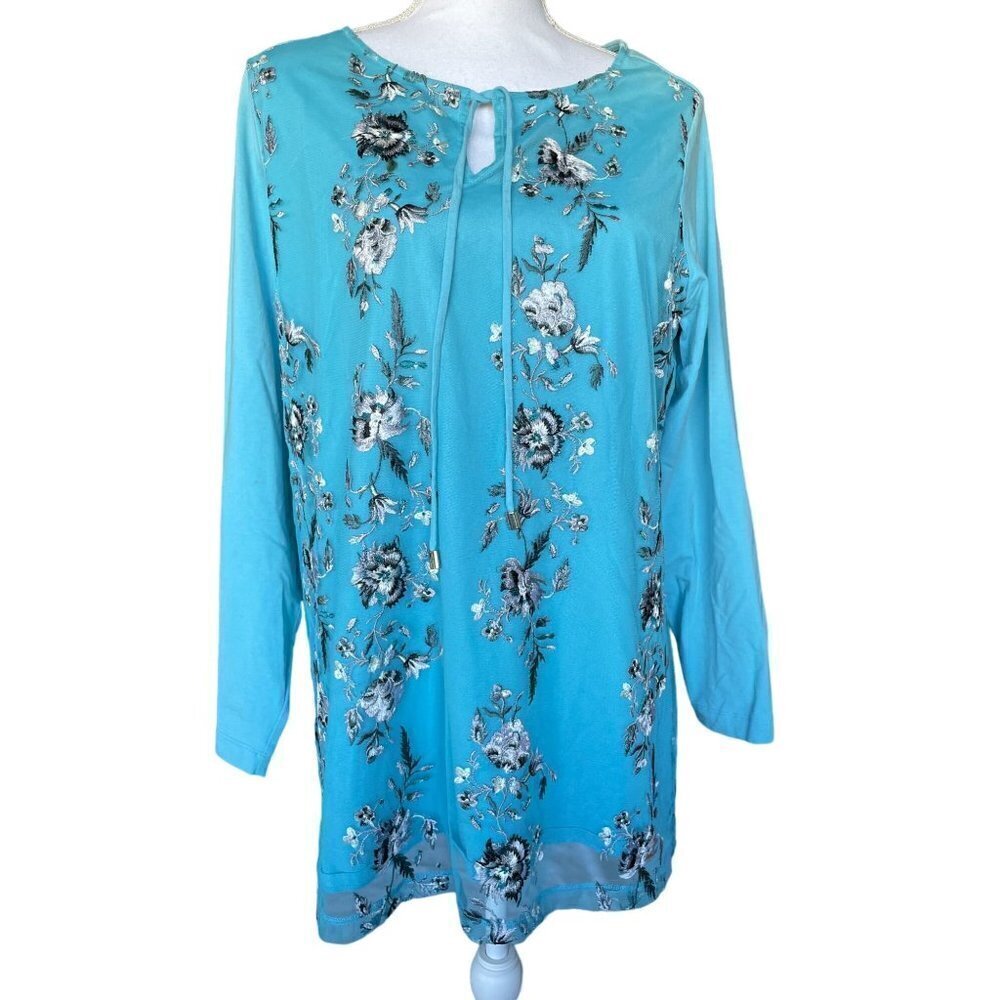 Skye's The Limit Top Blouse Plus S 1X Blue Mesh Floral Embroidery Long Sleeve